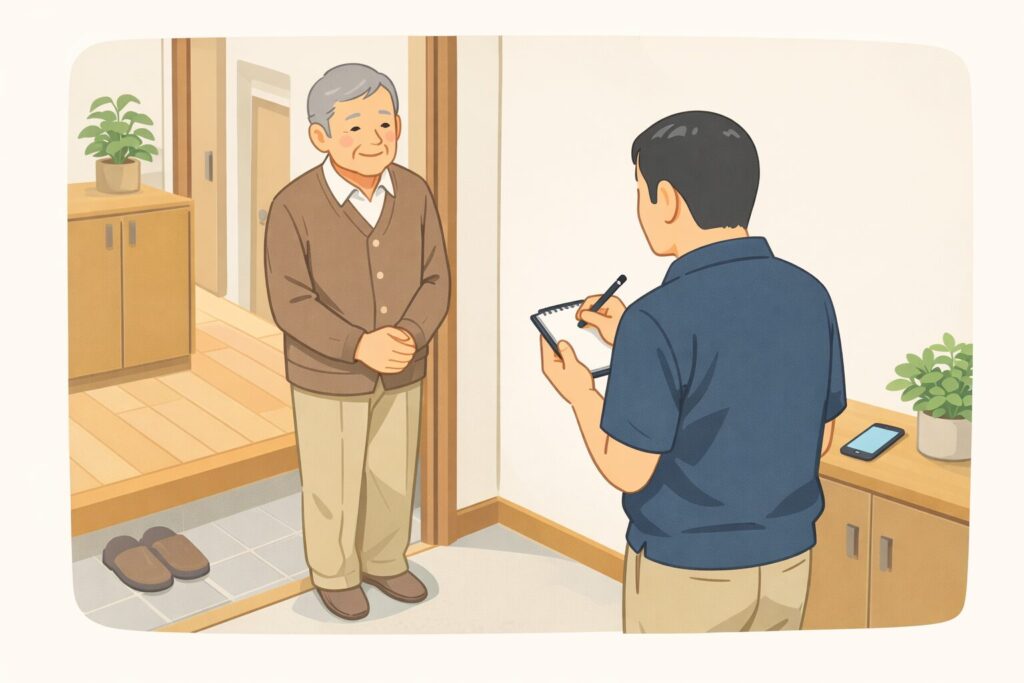 玄関先で高齢者に声かけし、メモを取りながら状況を整理する様子（提供者は後ろ姿で顔は見えない）